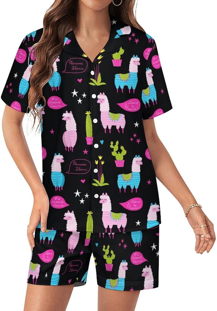 Llamas And Cactus in Pots Womens Silk Satin Pajamas Set Short Sleeve Button-Down Sleepwear Loungewear Pj Set