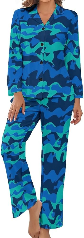 Dolphin Camo Print Pajamas Set for Women Soft Long Sleeve Button Down Shirt And Pants Sleepwear S-XL