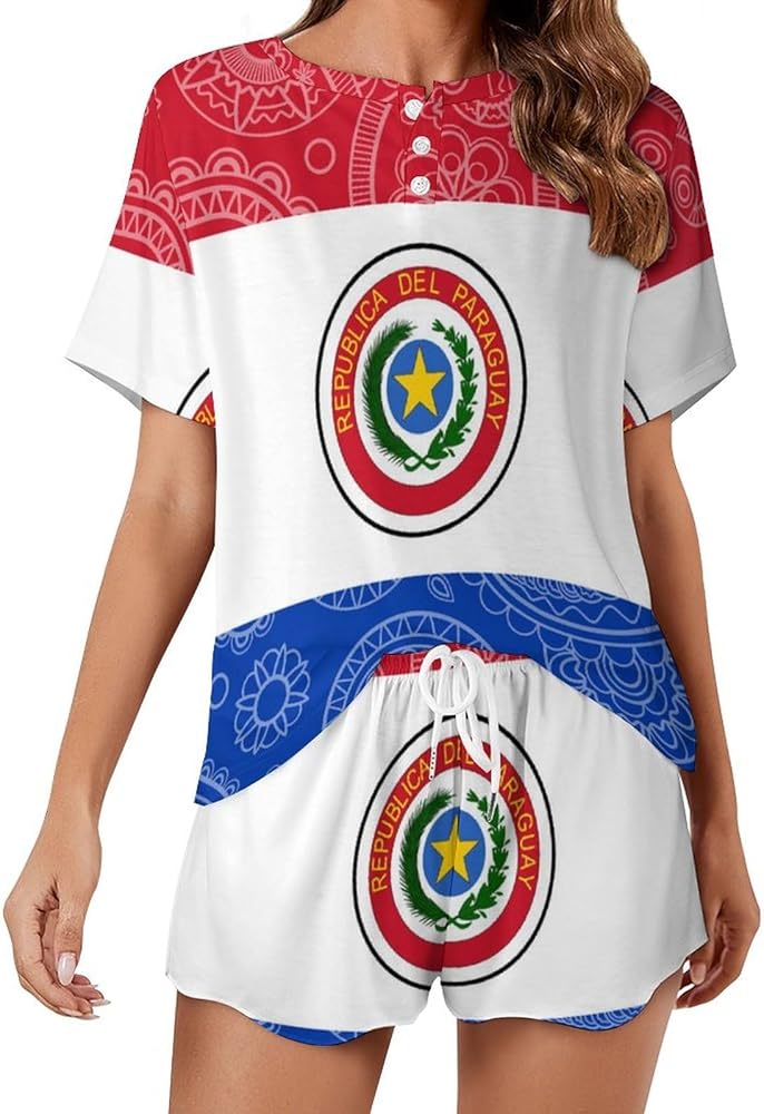 Paraguay Paisley Flag Women's 2 Piece Pajamas Short Sleeve Shorts Sleepwear Set Causal Loungewear Home Suit 4XL