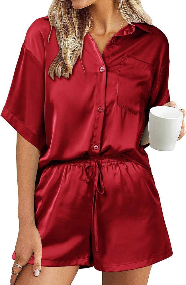 PRETTYGARDEN Women's 2 Piece Satin Pajama Sets Short Sleeve Button Down Tops And Shorts Set 2024 Summer Pjs Silk Sleepwear