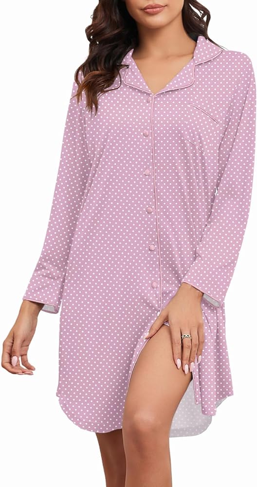 PrinStory Womens Nightgown Long Sleeve Nightshirt Button Down Nightgowns for Women Casual Sleepwear