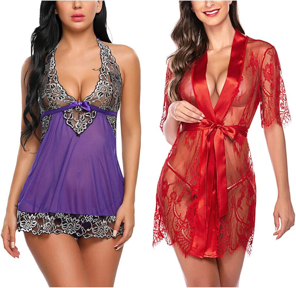 Avidlove Babydoll Lingerie(Purple,XX-Large) and Kimono Robe(Red,XX-Large)