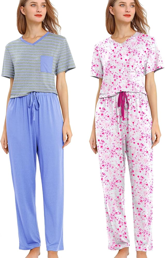 2 Pack: Women's Pajama Set Soft Long&Short Sleeve Top With Pants Loungewear Sleepwear Pajamas(S-3X)