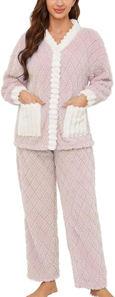 U2SKIIN Women's Plush Fleece Pajama Set,Soft Jacquard Pajamas for Women Cozy Lounge Sleepwear