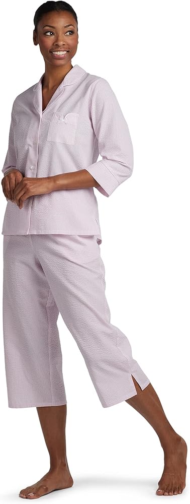 Miss Elaine Pajama Set - Women’s Seersucker PJ Set, 3/4 Sleeves and Cropped Pants, Sleepwear