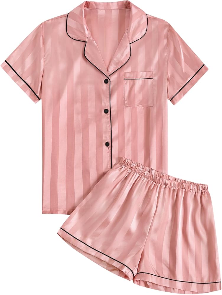 Umenlele Women's Silky Satin Striped Pajamas Short Sleeve Top with Shorts Sleepwear PJ Set