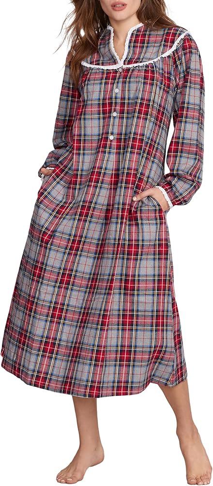 Tyrolean Brushed Cotton Nightgown XS, Blue/Red Plaid