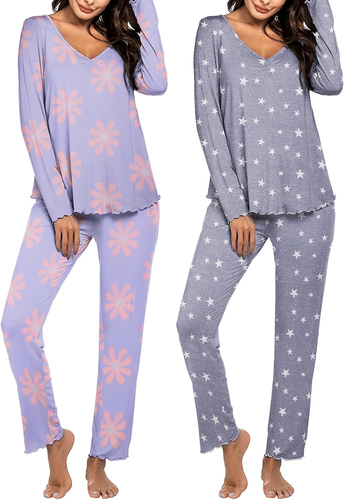 Ekouaer Womens 2 Pack Pajama Set Long Sleeve Pajamas Top and Pants V Neck Pjs Set Soft Sleepwear Loungewear S-XXL