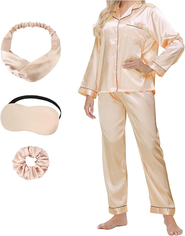 5pcs Womens silky Satin Pajamas Set, Long Sleeve Button Shirt and Shorts Eyemask Hairband Hair Ring