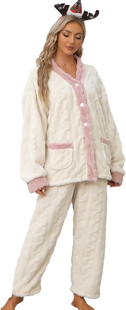 PEHMEA Fluffy Fleece Pajamas Set For Women Winter 2 Piece Pullover And Pants Loungewear Sleepwear