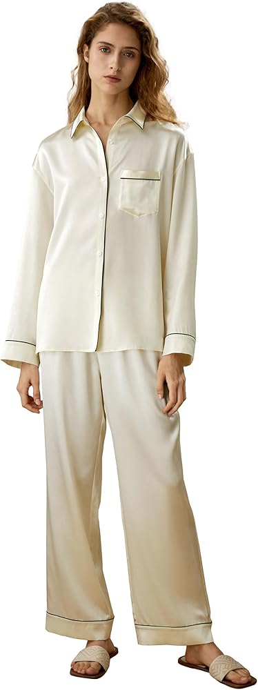 LilySilk 22 Momme Contrast Piping Button-Up Full Length Pajama Set for Women 100% Silk Sleepwear Pjs Set