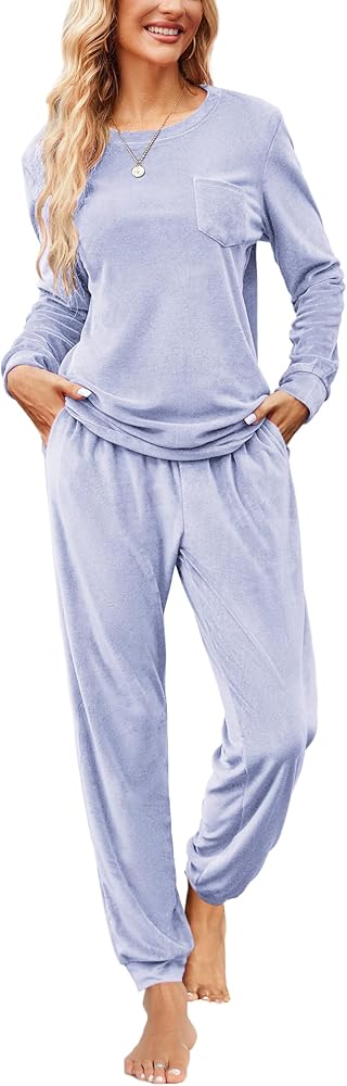 Ekouaer Womens Pajamas Sets Long Sleeve Soft Sleepwear 2 Piece Velvet Pjs Lounge Sets with Pockets