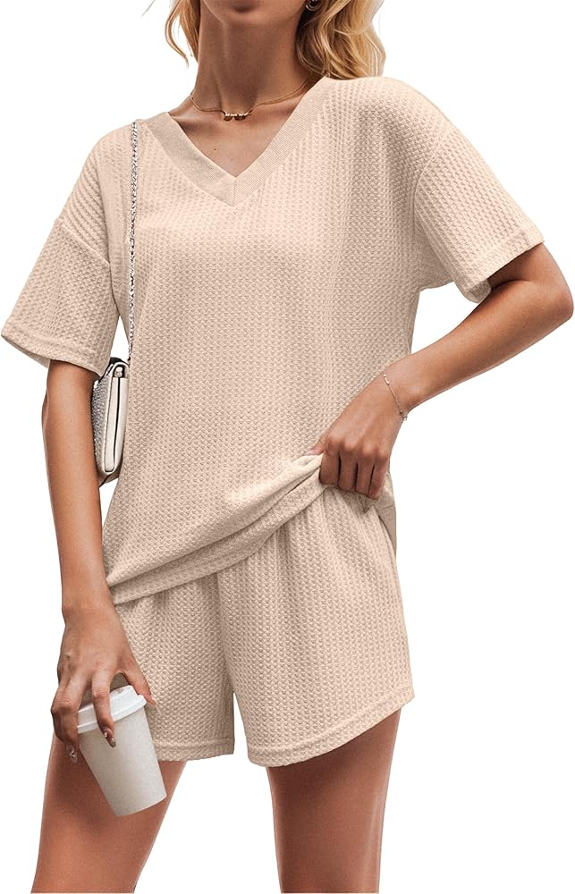 QIXING Womens Short Sleeve Loose Outfits Waffle Knit Pajama Sets V Neck Sleepwear Casual Sweatsuit