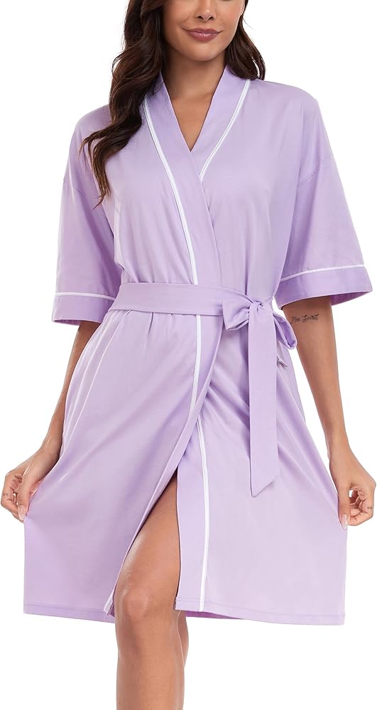 ANLIQI Womens Robe Lightweight Short Sleeve Bathrobe Soft Cotton Summer Kimono Robes with Pockets V-neck Loungewear