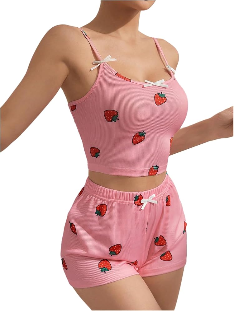 SHENHE Women's Cute Strawberry Pajamas Crop Cami Top and Shorts 2 Piece Pj Set Sleepwear