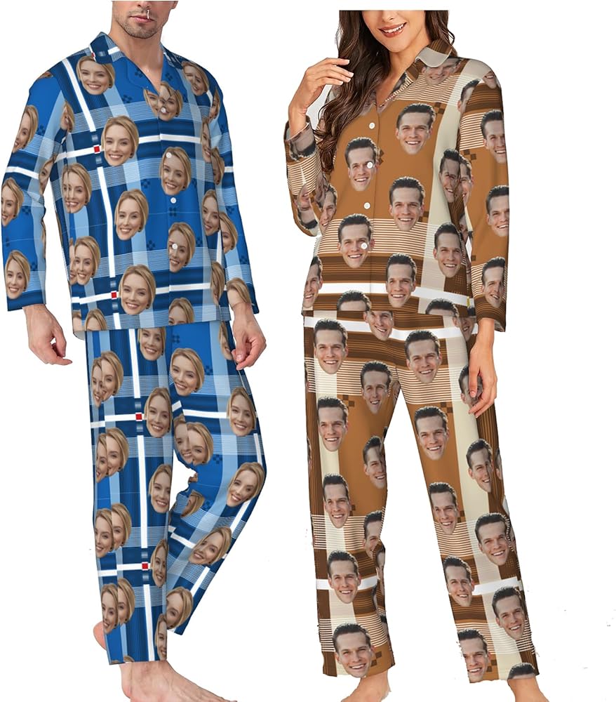 Custom Pajama Sets for Couples with Face Photo, Personalized Men/Women Lounge Sleepwear Unisex Valentine's Day Gift