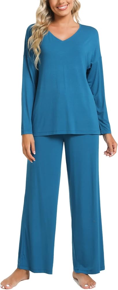 LazyCozy Bamboo Viscose Pajama Sets for Women 2 Piece Long Sleeve V Neck Sleepwear