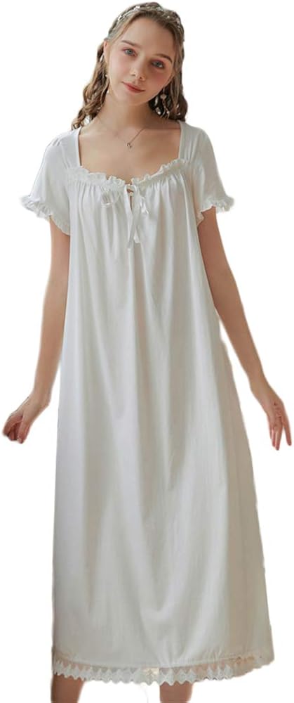 Women Vintage Nightgown Short Sleeve Cotton Nightdress Victorian Sleepwear Nightshirt