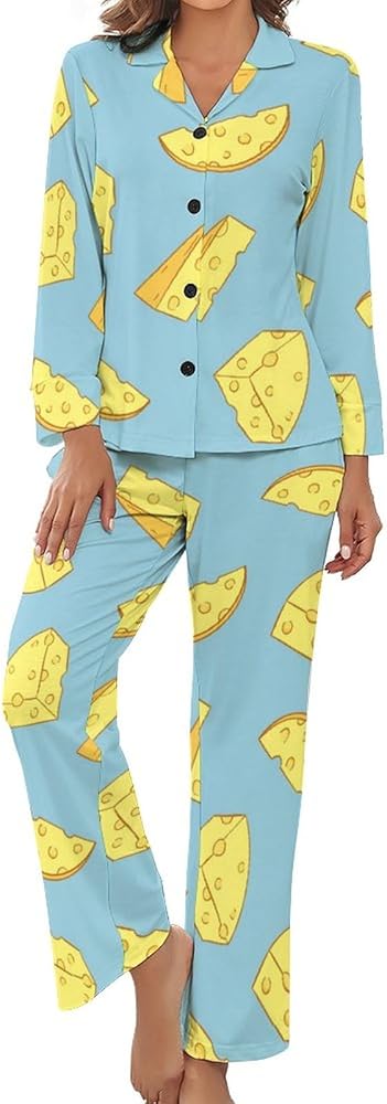 Pieces of Cheese Pattern Pajamas For Women Set With Pockets Pants Long Sleeve Sleepwear Soft Nightwear Loungewear