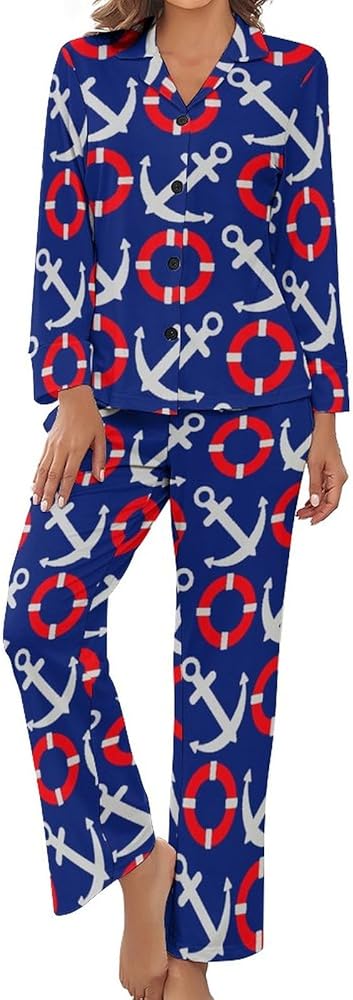 Navy Anchor Sea Print Pajamas Set for Women Soft Long Sleeve Button Down Shirt And Pants Sleepwear S-XL