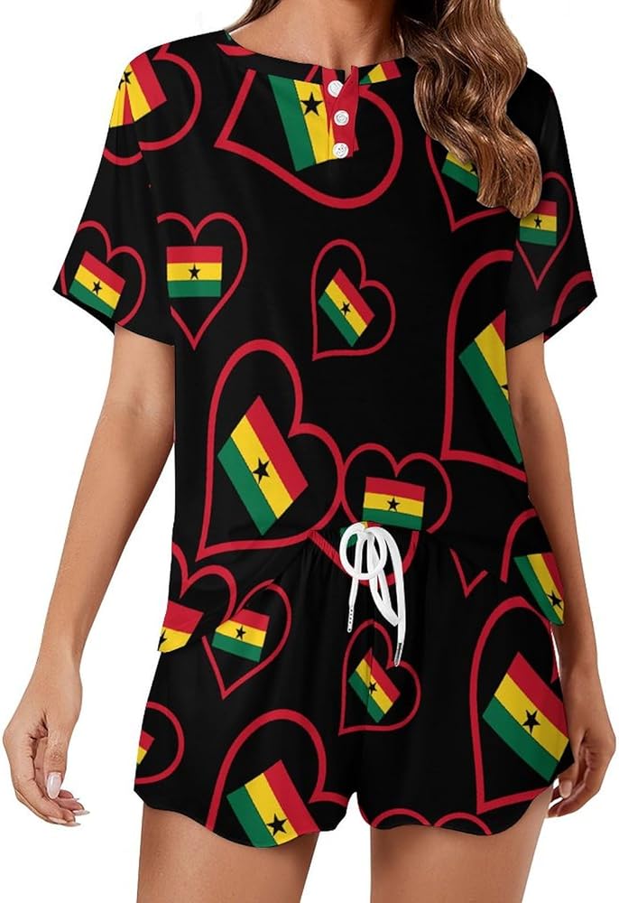 I Love Ghana Red Heart Women's 2 Piece Pajamas Short Sleeve Shorts Sleepwear Set Causal Loungewear Home Suit 4XL