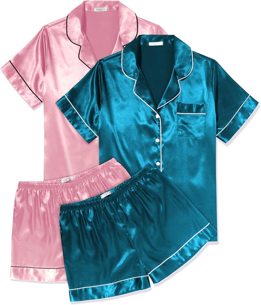 Ekouaer 2 Pack Womens Pajama Sets Silk Satin Short Sleeve Button Down Sleepwear Top and Shorts Pjs Lounge Set S-XXL