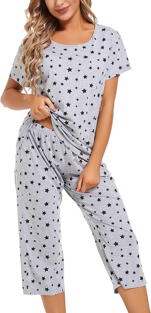 ENJOYNIGHT Women's Pajama Short Sleeve Sets Top with Capri Pants Sleepwear Sets Loungewear