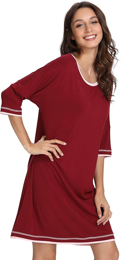 Womens 3/4 Long Sleeve Nightgowns Soft Sleepwear Gown for Sleeping Breathable Nightshirt