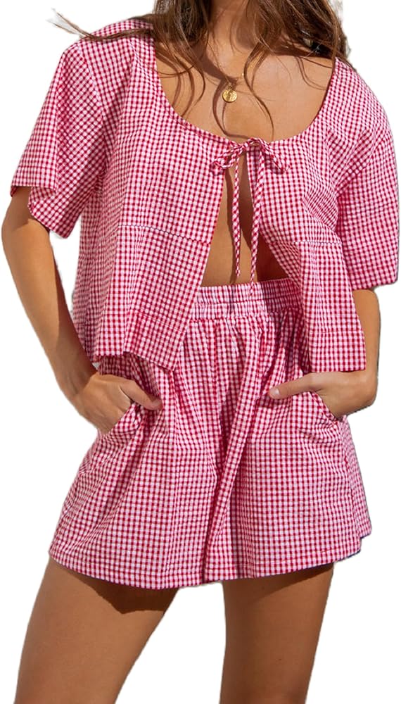 Women Plaid 2 Piece Pajama Shorts Set Tie Front Puff Sleeve Babydoll Shirt Gingham Shorts Pj Set Sleepwear