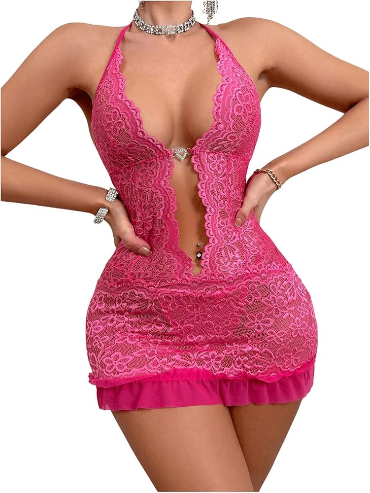 Women's V Neck Cut Out Halter Babydoll Lingerie Tie Back Floral Lace Bodycon Lingerie Dress with Thongs