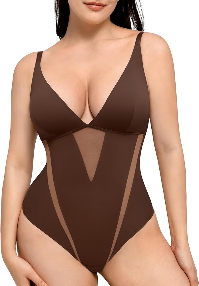 FeelinGirl Shapewear Bodysuit Women Tummy Control Deep V-neck Thong Bodysuits Seamless Mesh Slim Body Shaper Body Suit