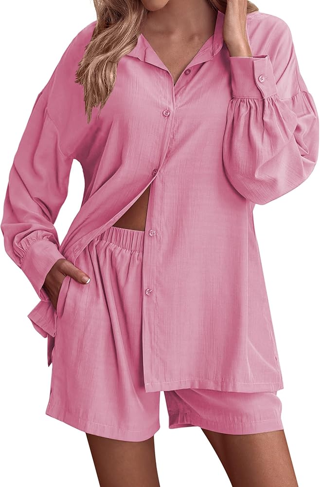 Ekouaer Pajamas Womens 2 Piece Matching Lounge Set Casual Long Sleeve Button Down Shirt and Shorts Pjs Sleepwear Set S-XXL