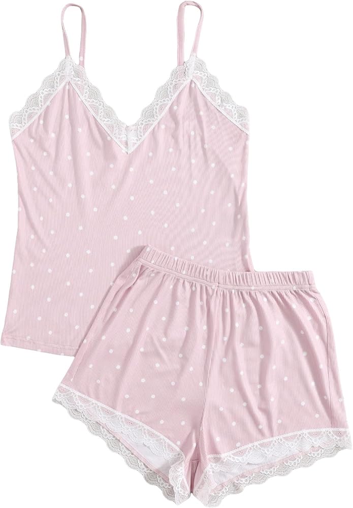 Floerns Women's 2 Piece Polka Dots Spaghetti Strap Cami Top and Lace Trim Shorts Pajama Set