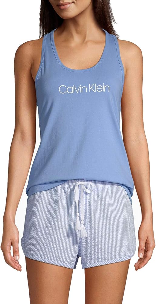 Calvin Klein Women`s Tank & Seersucker Shorts 2 Piece Pajama Set (Blue/White/Seersucker, X-Large)