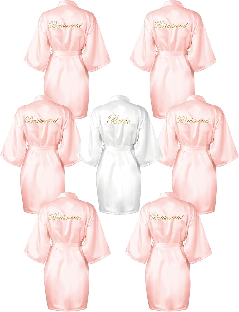 Geyoga 7 Pcs Bridesmaids Satin Robes Silky Bride Kimono Bathrobe Sleepwear for Wedding