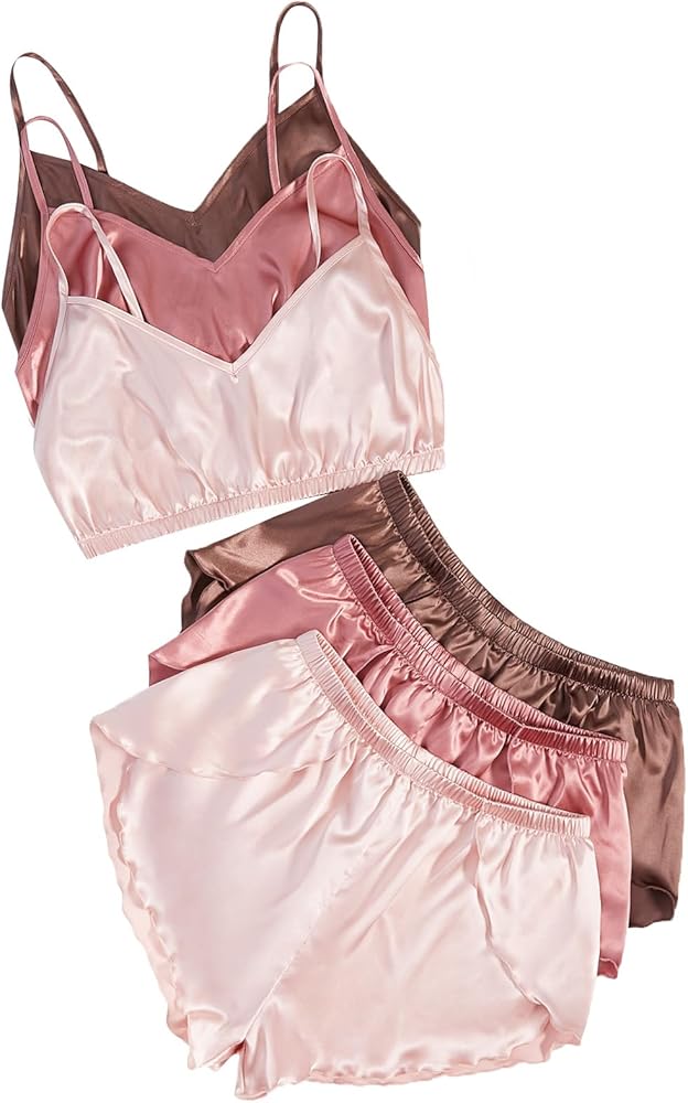 Verdusa Women's 6 Piece Satin Pajama Set Sleepwear Crop Cami Top & Shorts Loungwear