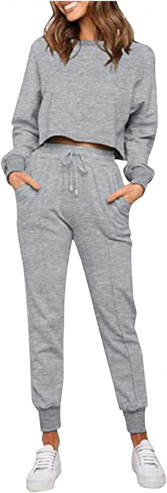 Women's Long Sleeve Crop Top and Pants Pajama Sets, 2 Piece Jogger Sweatsuits Tracksuits Sleepwear Loungewear Pjs Sets