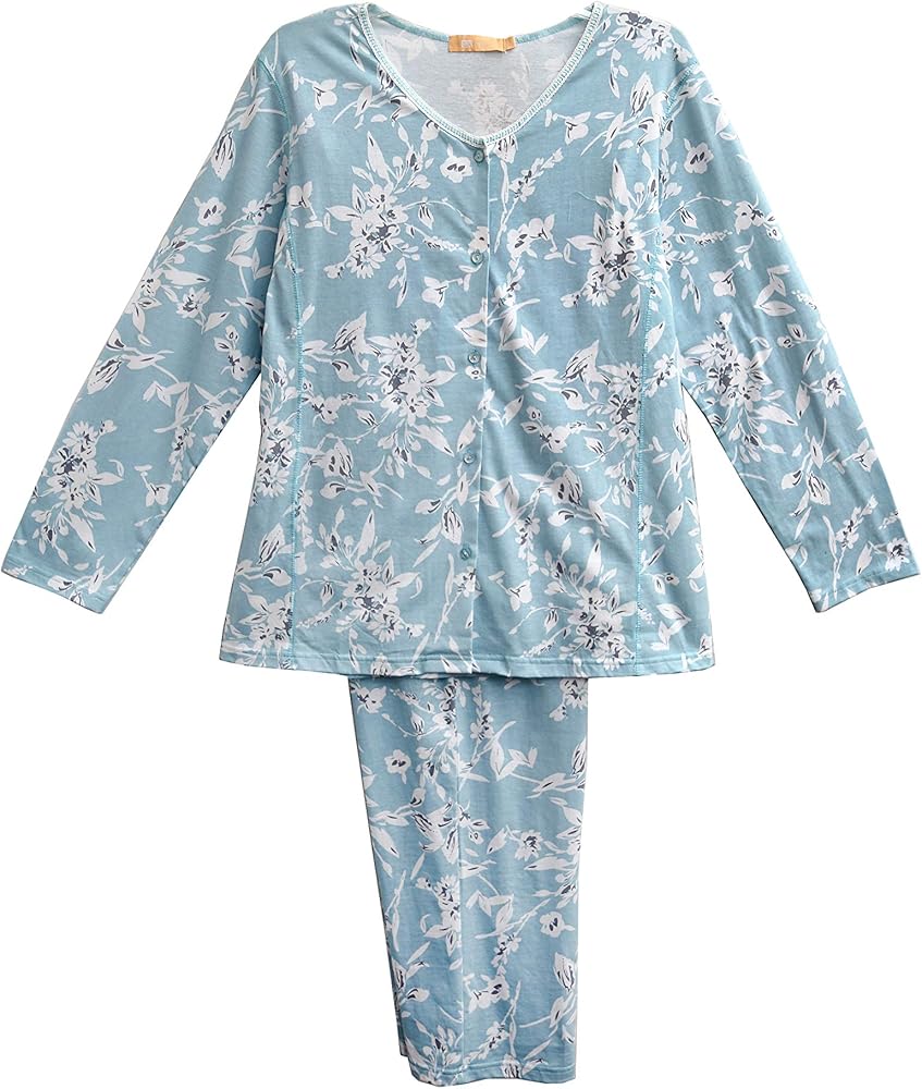 LA CERA Women's Pajama Sets,100% Cotton Long Sleeve Ribbon Lace Trim Pjs Set, Floral Knit Print, Round Neckline, Button Front