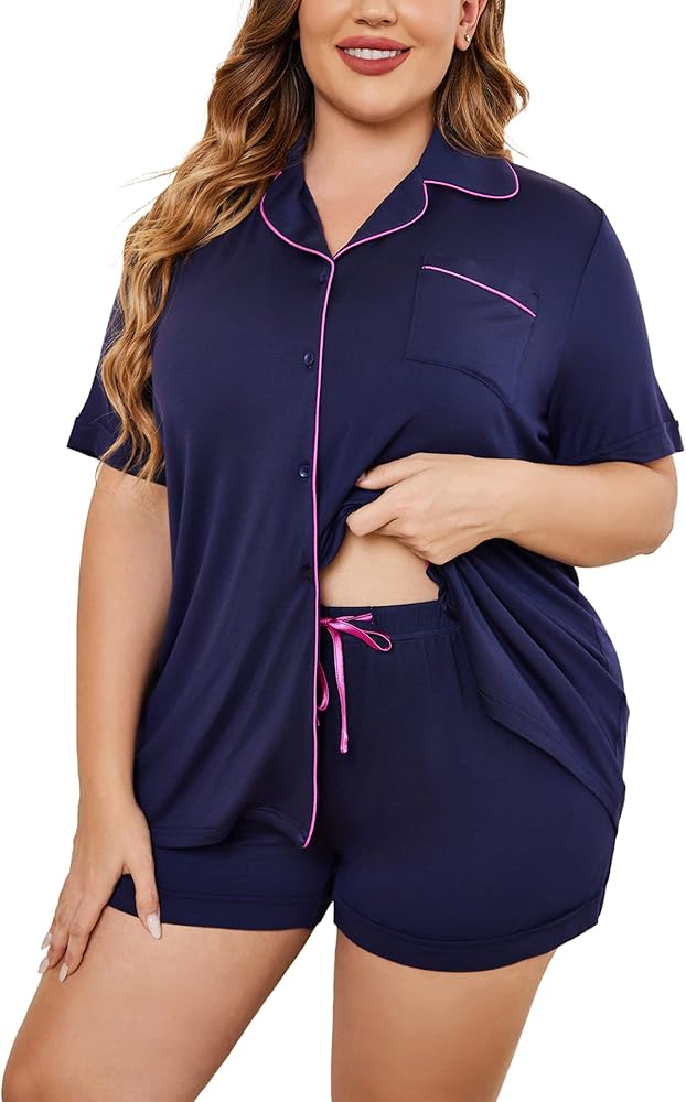 IN'VOLAND Women's Plus Size Pajama Set Short Sleeve Sleepwear Button Down Nightwear Shorts Soft Pj Sets Navy