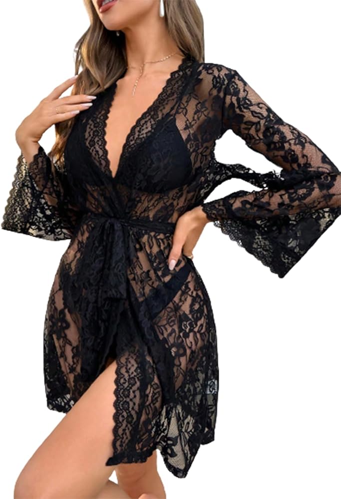 Verdusa Women's Long Sleeve Scalloped Sheer Lace Nightgown Sleepwear Night Robe Black XL