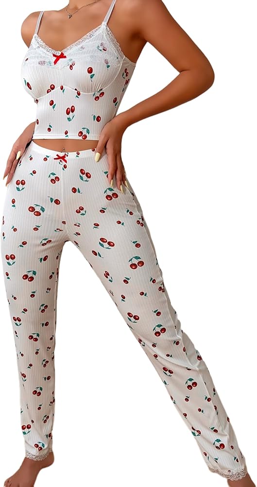 Floerns Women's Two Piece Cute Cherry Print Lace Trim Cami Top & Pants Pajama Set Ribbed Bow Tie Pjs