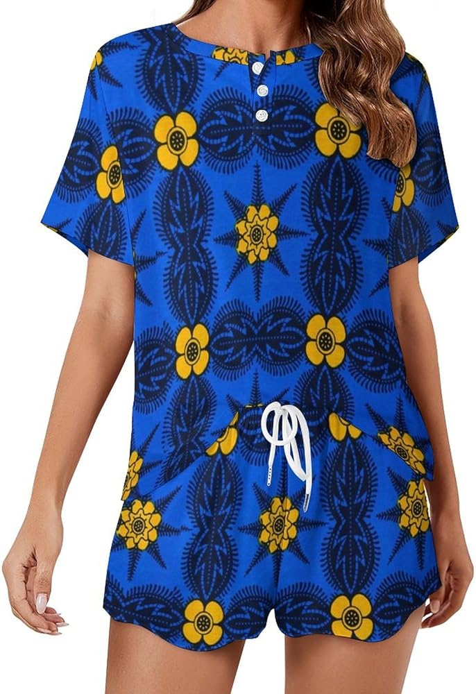 African Print Ankara Pattern Women's 2 Piece Pajamas Short Sleeve Shorts Sleepwear Set Causal Loungewear Home Suit 5XL