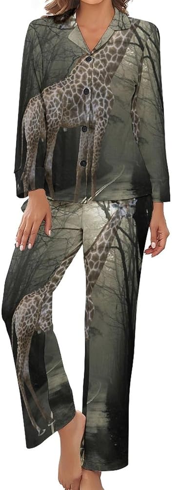 Giraffe in Forest Print Pajamas Set for Women Soft Long Sleeve Button Down Shirt And Pants Sleepwear S-XL