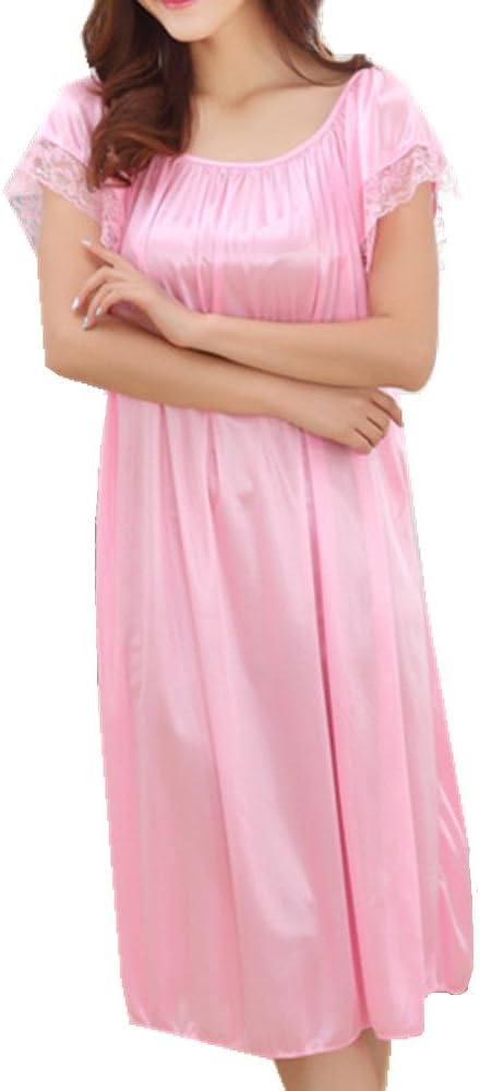 LJYH Women's Solid Short Sleeve Silky Long Nightgown Sleepwear Dress