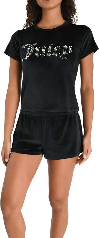 Juicy Couture Women's 2 Piece Velvet Fleece Short Sleeve Shirt and Pajama Shorts Lounge Sleepwear Set