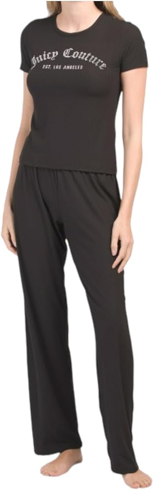 Juicy Couture Women’s Ribbed Short Sleeve Shirt and Pants Pajama Set