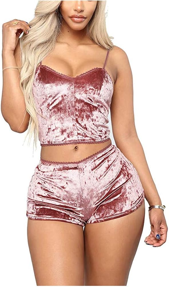 AWIBMK Women's Velvet 2 Piece Outfit Spaghetti Strap Sleeveless Crop Top Camisole and Shorts Pajamas Set Sleepwear Nightwear