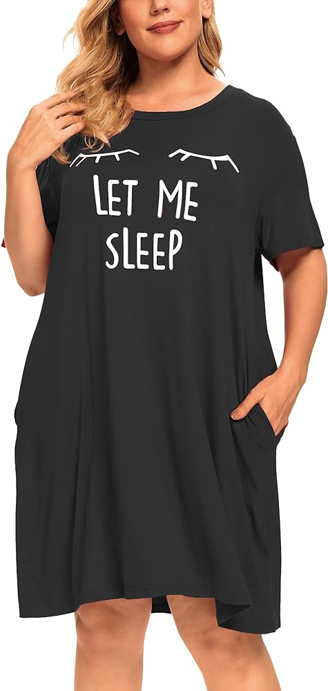 Plus Size Let Me Sleep Nightgowns Women Cute Sleepwear Night Gown Dresses Sleep Shirts Pockets