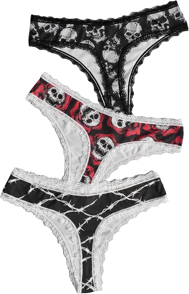 WDIRARA Women's 3 Pack Skull Graphic Print Lace Trim Underwear Panty Set