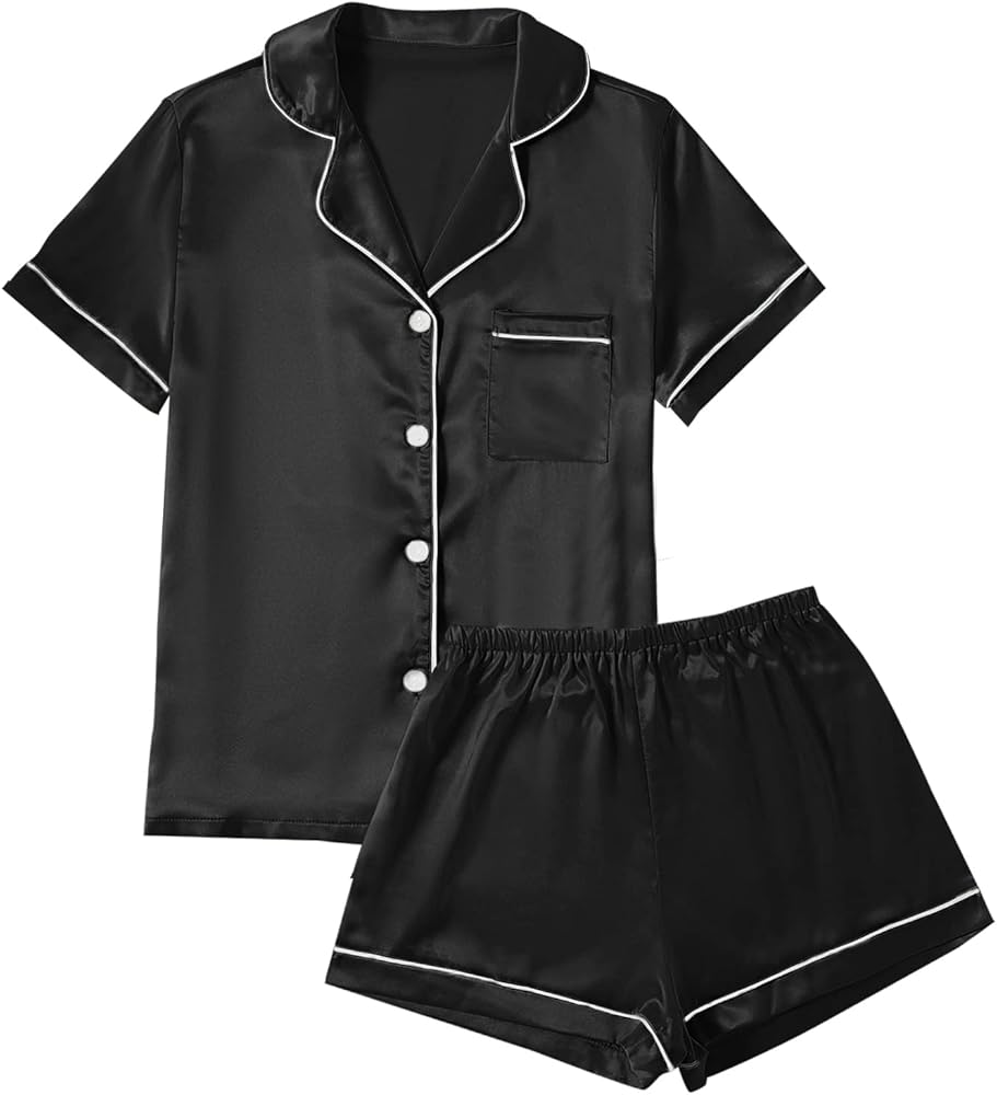 LYANER Women's Satin Pajamas Set Short Sleeve Button Shirt Silky Sleepwear With Shorts Set PJ